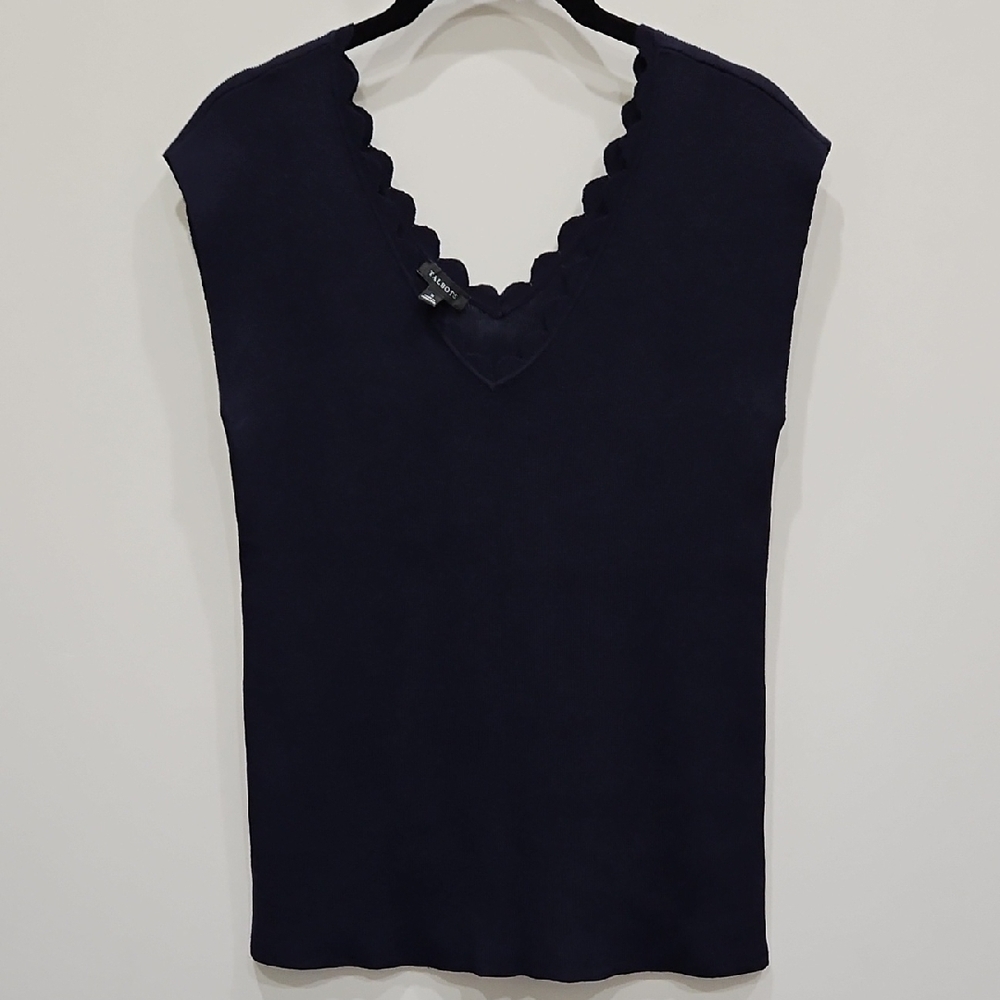 Talbots Navy Scalloped V-Neck Sleeveless Top